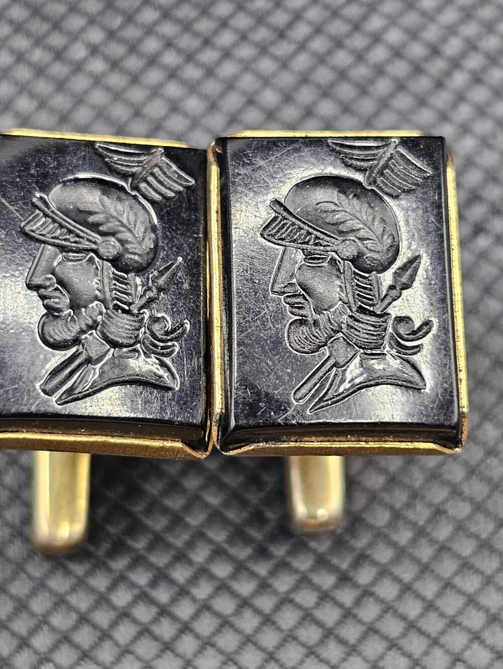 Vintage Black and Gold Cufflinks with Engraved Warrior Profile